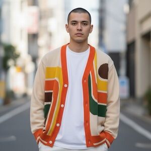 NEW Oxknit Men’s Retro Cream Multicolor Geometric Cardigan Sweater size Medium